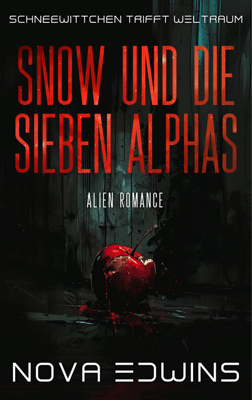 Das Buchcover zu „Snow und die sieben Alphas“ von Nova Edwins präsentiert ein düsteres und atmosphärisches Design, das perfekt auf das Genre der Alien Romance und Sci-Fi-Adaptionen von Märchen abgestimmt ist. Im Zentrum des Bildes steht ein blutroter, angebissener Apfel, der auf einem dunklen, spiegelnden Untergrund liegt und von feinen Blutspritzern umgeben ist – eine klare Anspielung auf das Schneewittchen-Motiv. Der Hintergrund ist in tiefem Schwarz und dunklen Grautönen gehalten, was an eine verlassene Raumstation oder die unendlichen Weiten des Weltraums erinnert. Über der zentralen Grafik prangt in großen, rot-orange leuchtenden Buchstaben der Titel, während der Slogan „Schneewittchen trifft Weltraum“ am oberen Rand neugierig auf das Crossover macht. Der Name der Autorin, Nova Edwins, schließt das Design am unteren Rand in einer modernen, weißen Typografie ab. Diese Kombination aus klassischen Märchensymbolen und einem düsteren Science-Fiction-Setting macht das Cover zu einem echten Blickfang für Fans von Reverse Harem und übernatürlichen Romanzen.